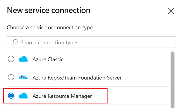 Screenshot shows selecting Azure Resource Manager from the New service connection dropdown list.
