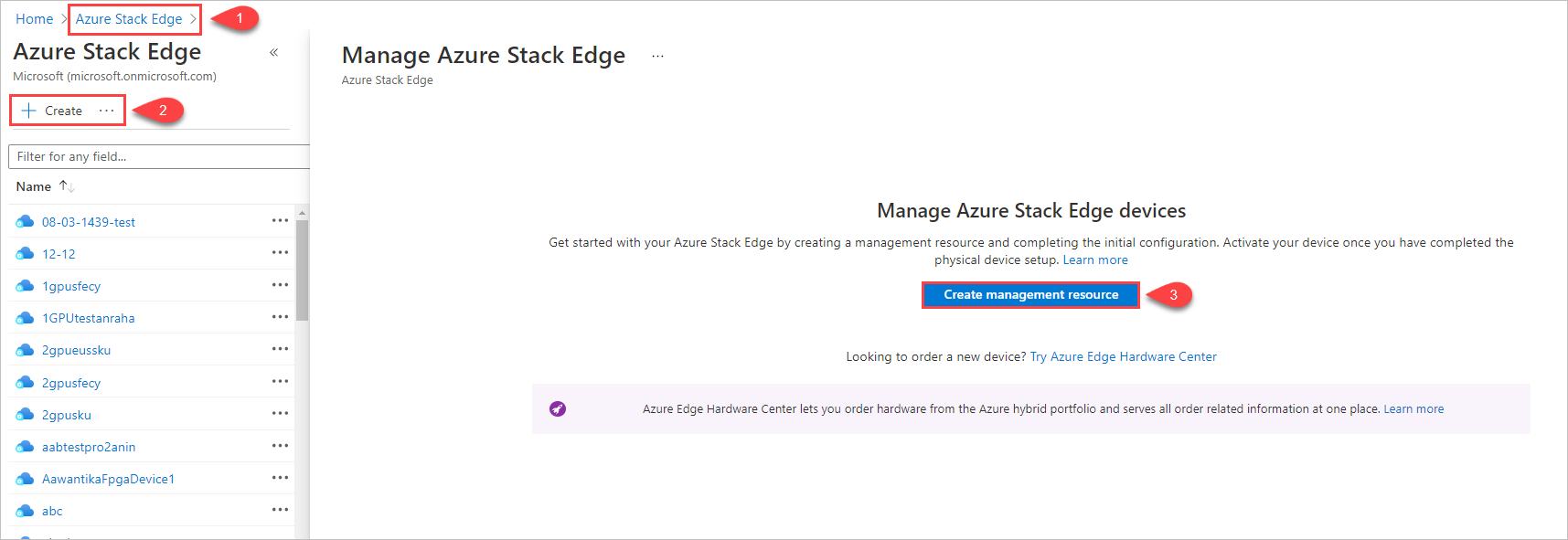Az Azure Stack Edge felügyeleti erőforrás-létrehozásának megkezdésének 3 lépését bemutató ábra.