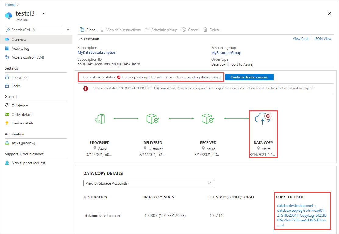 Értesítés másolási hibákról a Azure Portal