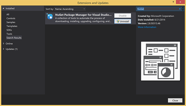 Képernyőkép a Bővítmények és Frissítések párbeszédpanelről, kiemelt NuGet Package manage for Visual Studios csomaggal.