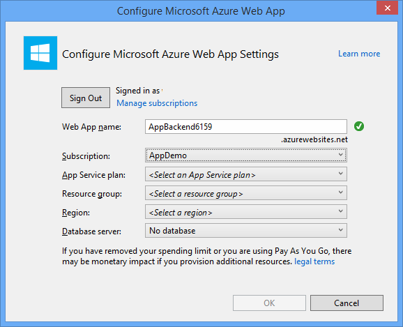 A Configure Microsoft Azure Web App (Microsoft Azure-webalkalmazás konfigurálása) ablak