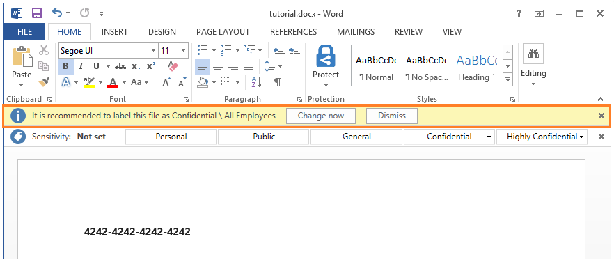 Azure Information Protection tutorial - recommend prompt