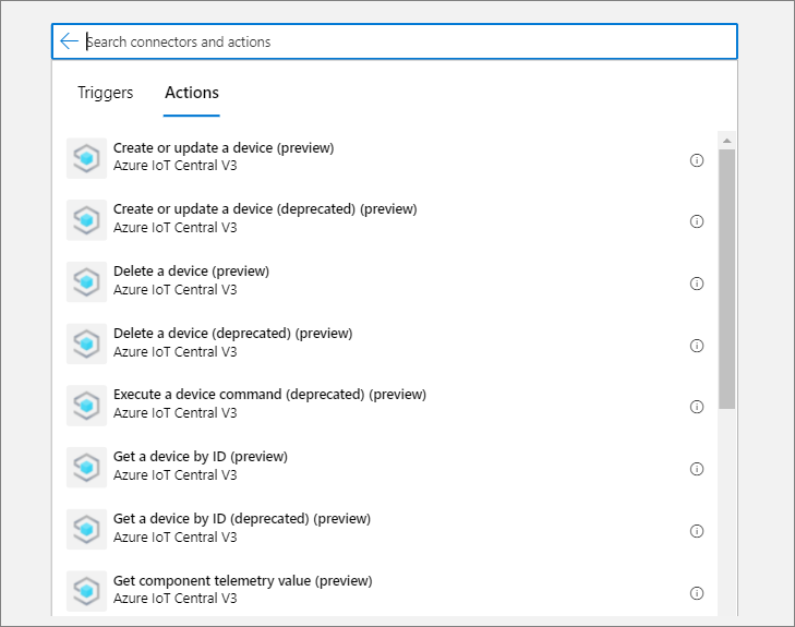 Keresse meg az Azure IoT Central V3-összekötőt, és válasszon egy műveletet