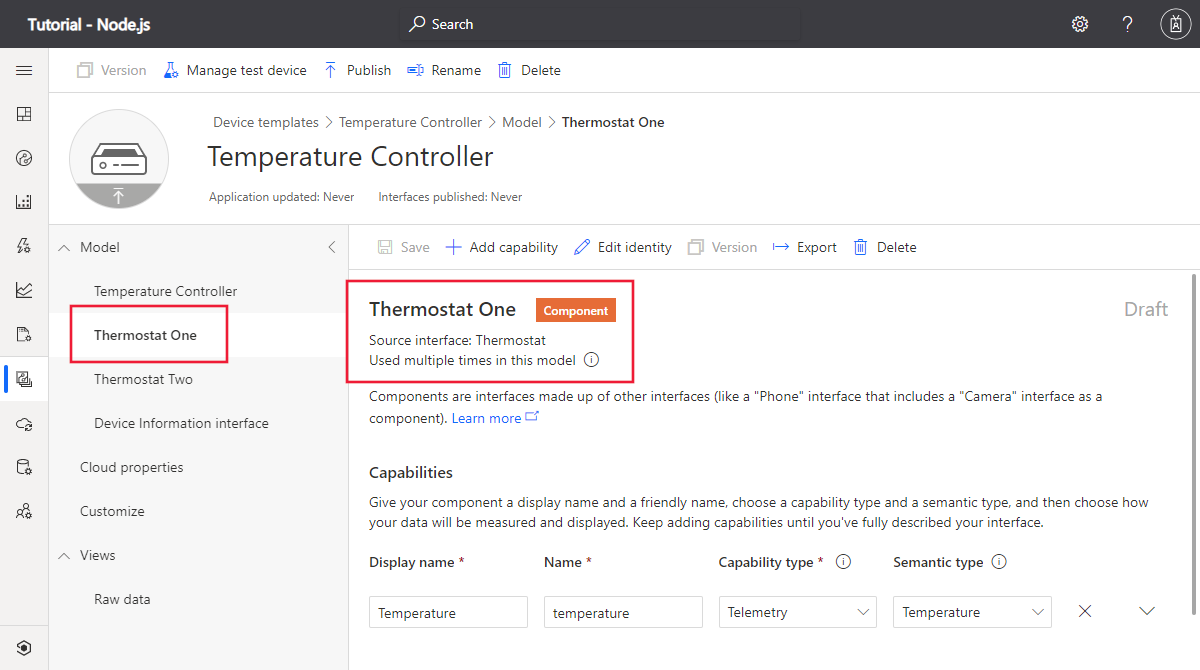 Képernyőkép az IoT Central hőmérséklet-vezérlő eszközsablonjában található termosztát-összetevőkről.