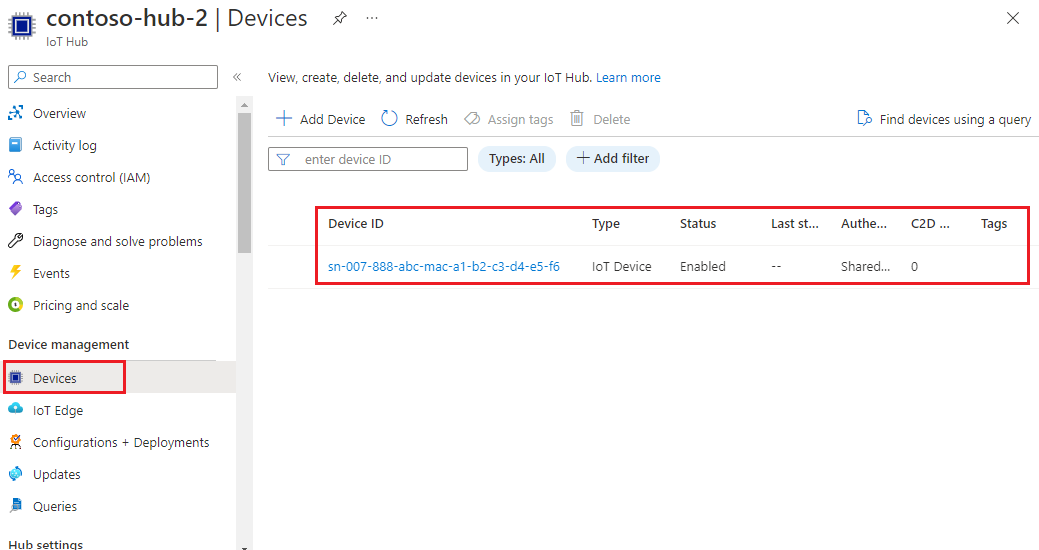 Az eszköz regisztrálva van az IoT Hubbal
