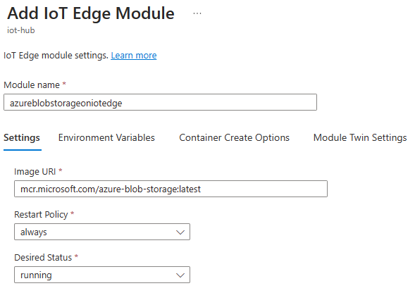 Képernyőkép az IoT Edge-modul hozzáadása lap Modulbeállítások lapjáról. .