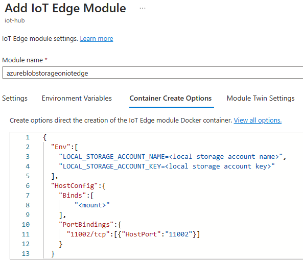Képernyőkép az IoT Edge-modul hozzáadása lap Tároló létrehozása beállításai lapjáról.