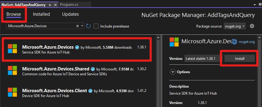 NuGet Package Manager (NuGet-csomagkezelő) ablak