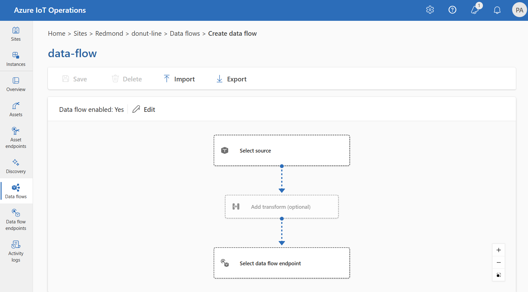 Az üzemeltetési felület képernyőképe, amely egy data flow diagramot jelenít meg egy forrásvégponttal, átalakítási fázissal és célvégponttal