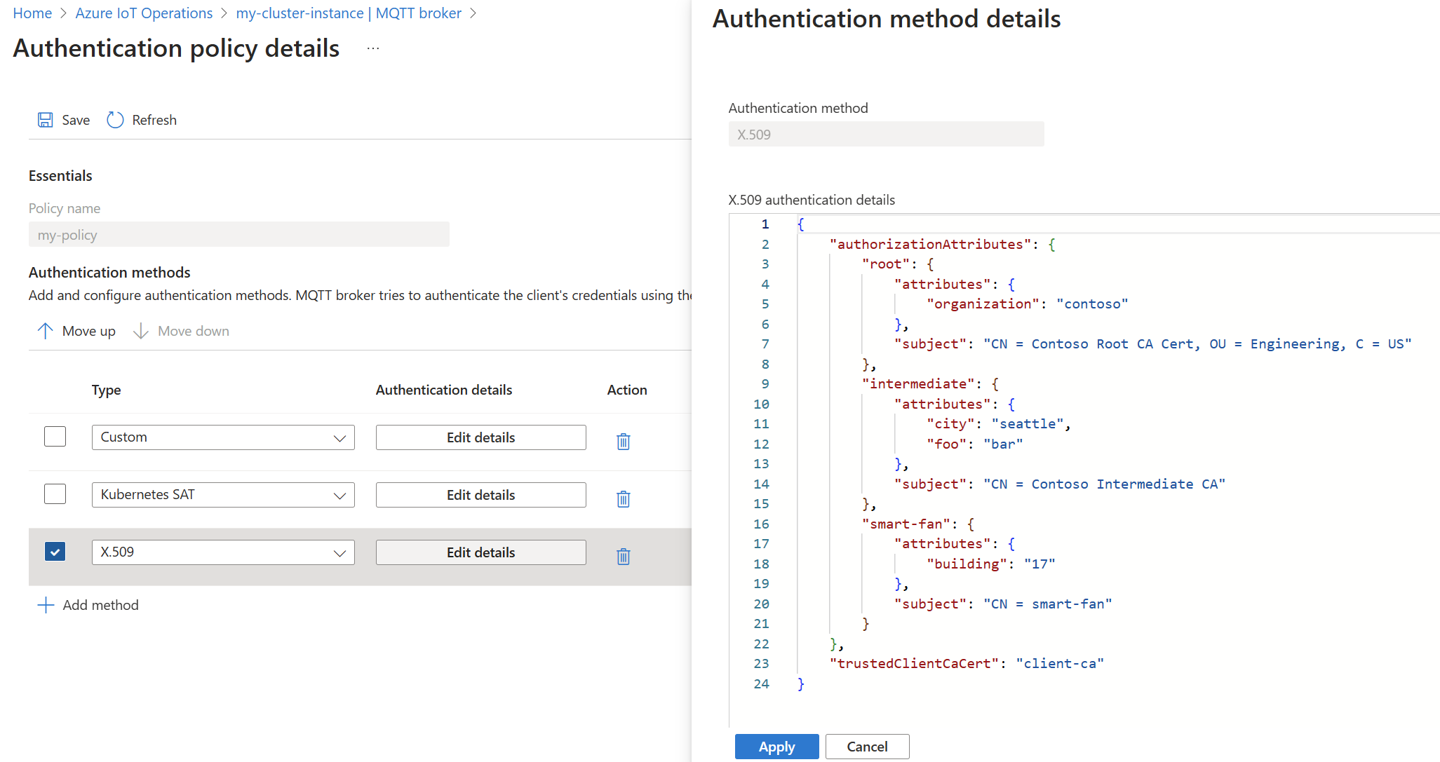 Képernyőkép az Azure Portalról az MQTT Broker X.509 hitelesítési módszer beállításához.