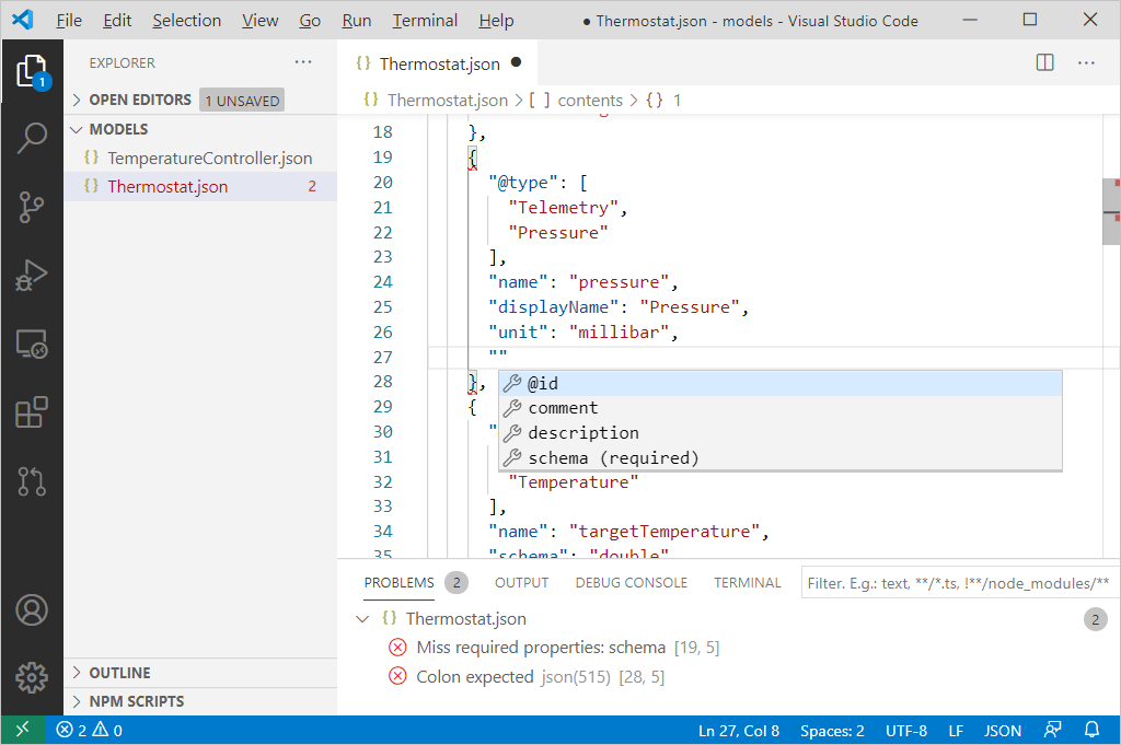 Képernyőkép a VS Code DTDL-modelljeihez készült Intellisense-ről.