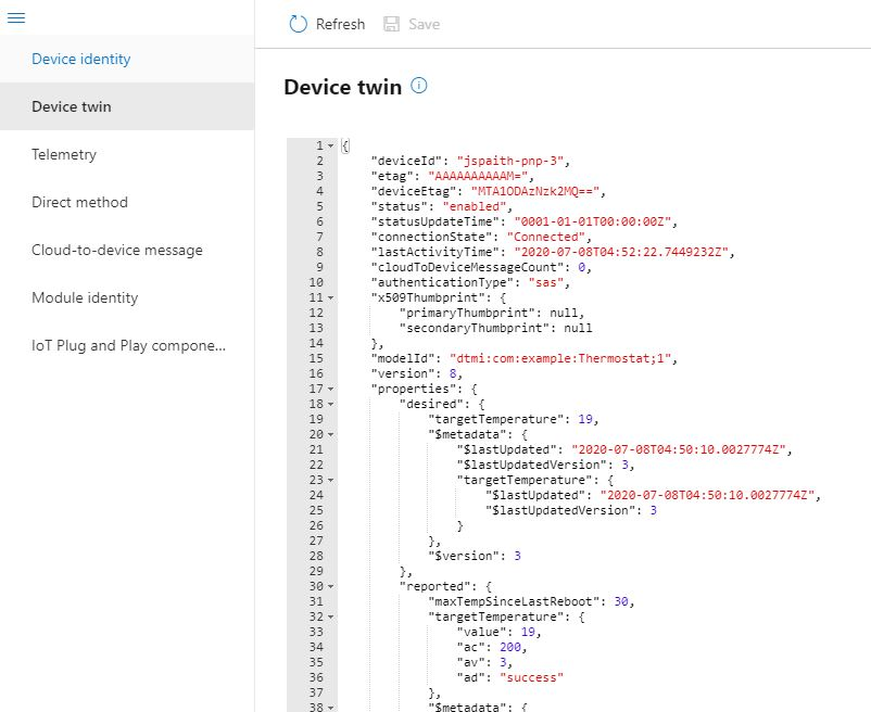 Képernyőkép az Azure IoT Explorer eszközről, amely egy digitális ikertulajdonság modellazonosítóját jeleníti meg.