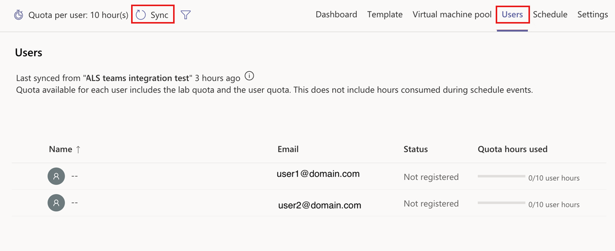 Képernyőkép arról, hogyan szinkronizálhatja manuálisan a felhasználókat az Azure Lab Services szolgáltatással a Teamsben.