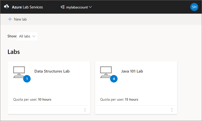 Képernyőkép az Azure Lab Services webhelyén található tesztkörnyezetek listájáról.