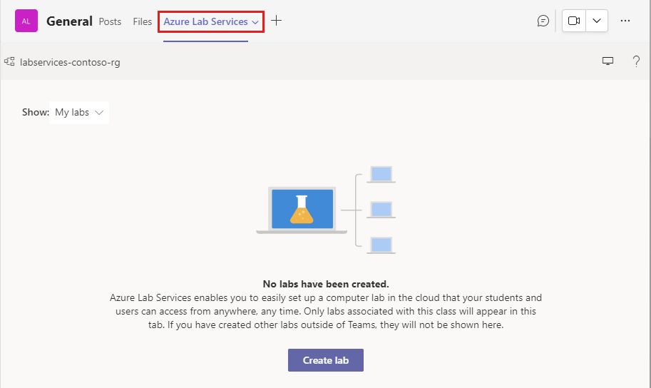 Képernyőkép a Microsoft Teams Azure Lab Service kezdőlapjáról, kiemelve az Azure Lab Services lapot.