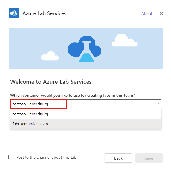 Képernyőkép az Azure Lab Services párbeszédpanelről a tesztkörnyezeti csomag erőforráscsoportjának kiválasztásához.