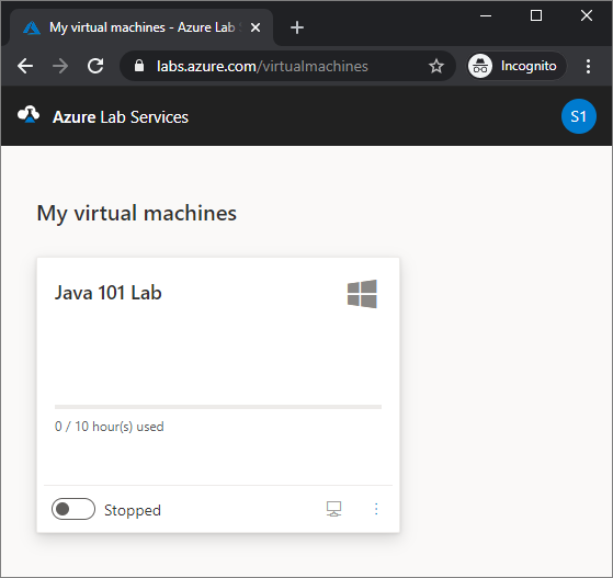 Képernyőkép a Saját virtuális gépek lapról az Azure Lab Services portálon.
