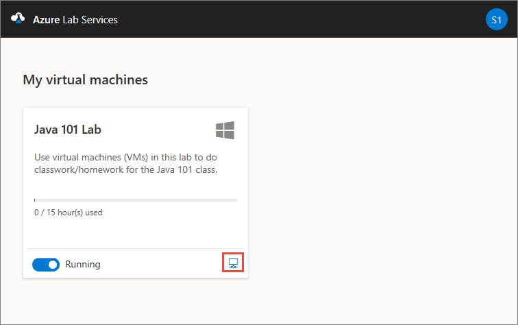 Képernyőkép a Saját virtuális gépek lapról az Azure Lab Services webhelyén, kiemelve a Csatlakozás gombot.