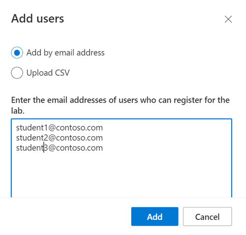 Képernyőkép a Felhasználók hozzáadása lapról, amely lehetővé teszi a felhasználói e-mail-címek megadását.