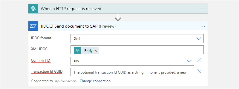 Képernyőkép a Használat munkafolyamatról az IDOC Send document to SAP nevű művelettel.