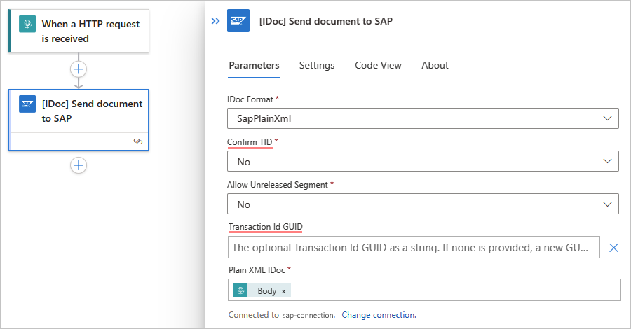 Képernyőkép a Standard munkafolyamatról az IDOC Send document to SAP nevű művelettel.