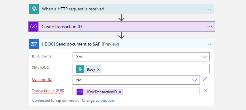 Képernyőkép a Használat munkafolyamatról idOC-dokumentum küldése az SAP-nak nevű művelettel.