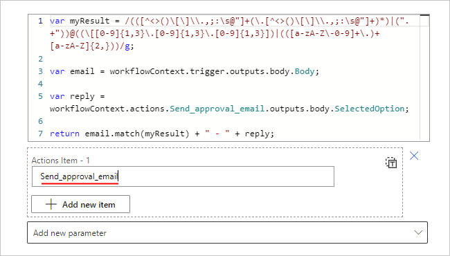 Képernyőkép a Műveletek elem -1 mezőről és a művelet JSON-nevéről.