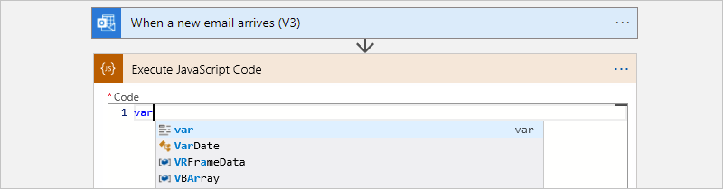 Képernyőkép a Használati munkafolyamatról, a JavaScript-kód végrehajtása műveletről és a kulcsszó automatikus kiegészítési listájáról.