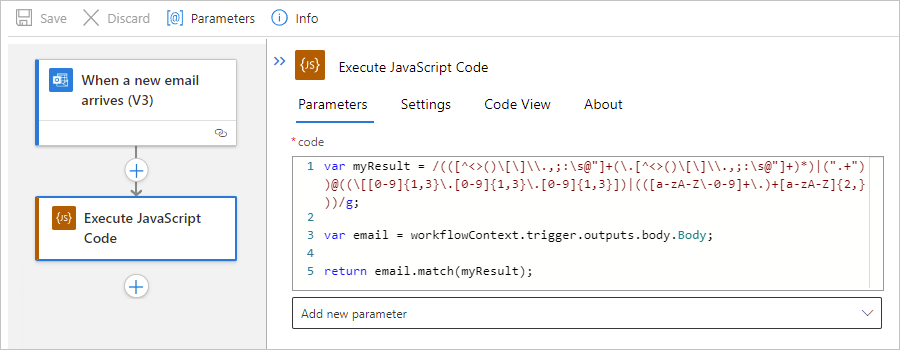 Képernyőkép a Standard logikai alkalmazás munkafolyamatról és a JavaScript Code-művelet végrehajtásáról egy visszatérési utasítással.