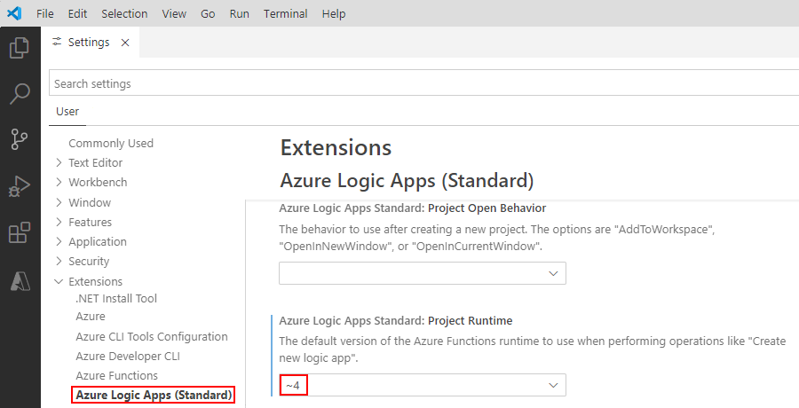 Képernyőkép az Azure Logic Apps (Standard) bővítmény Visual Studio Code-beállításairól.