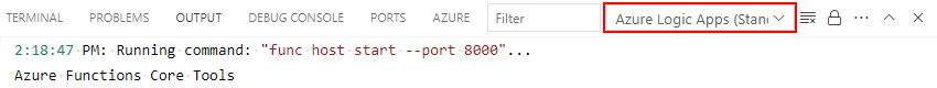 Képernyőkép a Kimenet ablakról, amelyen a hatókörlista és az Azure Logic Apps (Standard) van kiválasztva.