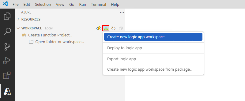 Képernyőkép az Azure-panelről, a Munkaterület eszköztárról, az Azure Logic Apps menüjéről és a kijelölt elemről, az Új logikai alkalmazás munkaterületének létrehozásáról.