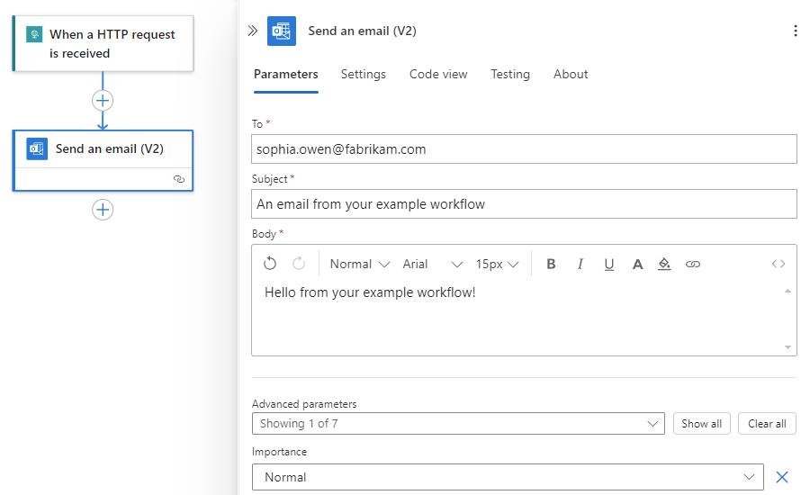 Képernyőkép az E-mail küldése nevű Office 365 Outlook-művelet adatairól.