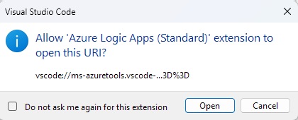 Képernyőkép a Microsoft Azure-eszközök megnyitására vonatkozó bővítményre vonatkozó kérésről.