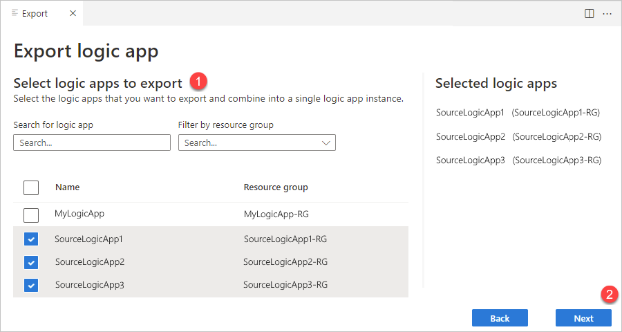 Képernyőkép az exportálandó logikai alkalmazások kiválasztása szakaszról az exportáláshoz kiválasztott logikai alkalmazásokkal.