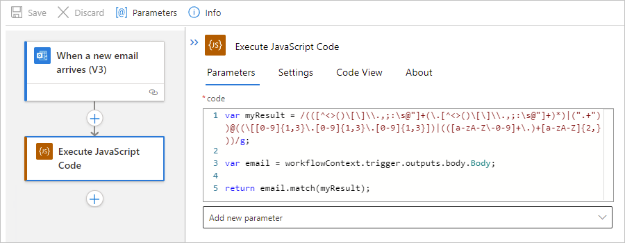 Képernyőkép a Standard logikai alkalmazás munkafolyamatról és a JavaScript-kód végrehajtása műveletről egy visszatérési utasítással.