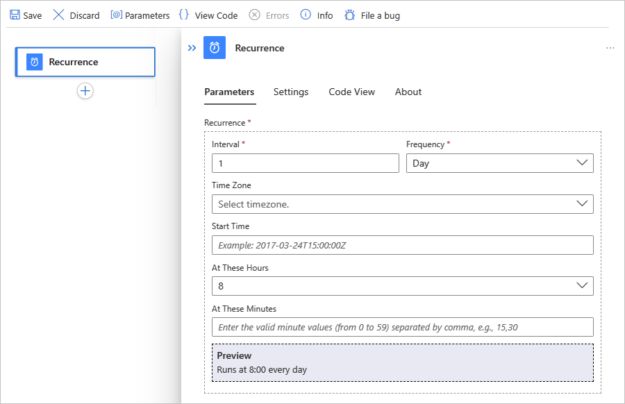 Képernyőkép az Azure Portal, a Standard munkafolyamat és az Ismétlődés trigger paramétereinek beállításról.