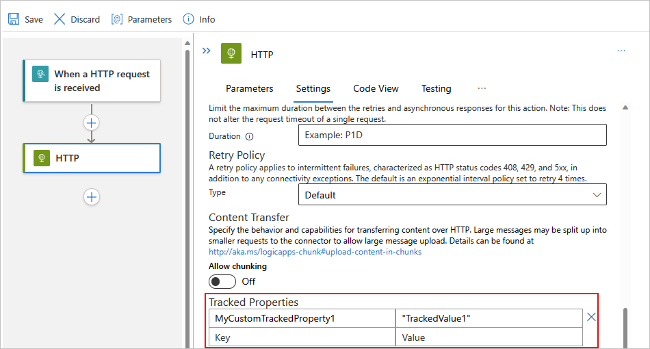 Képernyőkép az Azure Portalról, a Standard munkafolyamat tervezője és a HTTP-műveletről nyomon követett tulajdonságokkal.