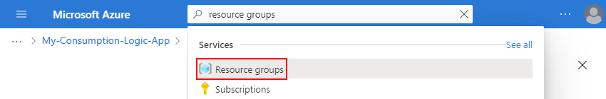 Képernyőkép az Azure Portal keresőmezőről, amelyen a keresési kifejezés és az erőforráscsoportok láthatók.