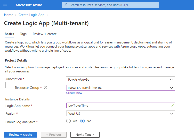 Képernyőkép a Azure Portal, a logikaialkalmazás-létrehozási panelről és az új logikaialkalmazás-erőforrás adatairól.