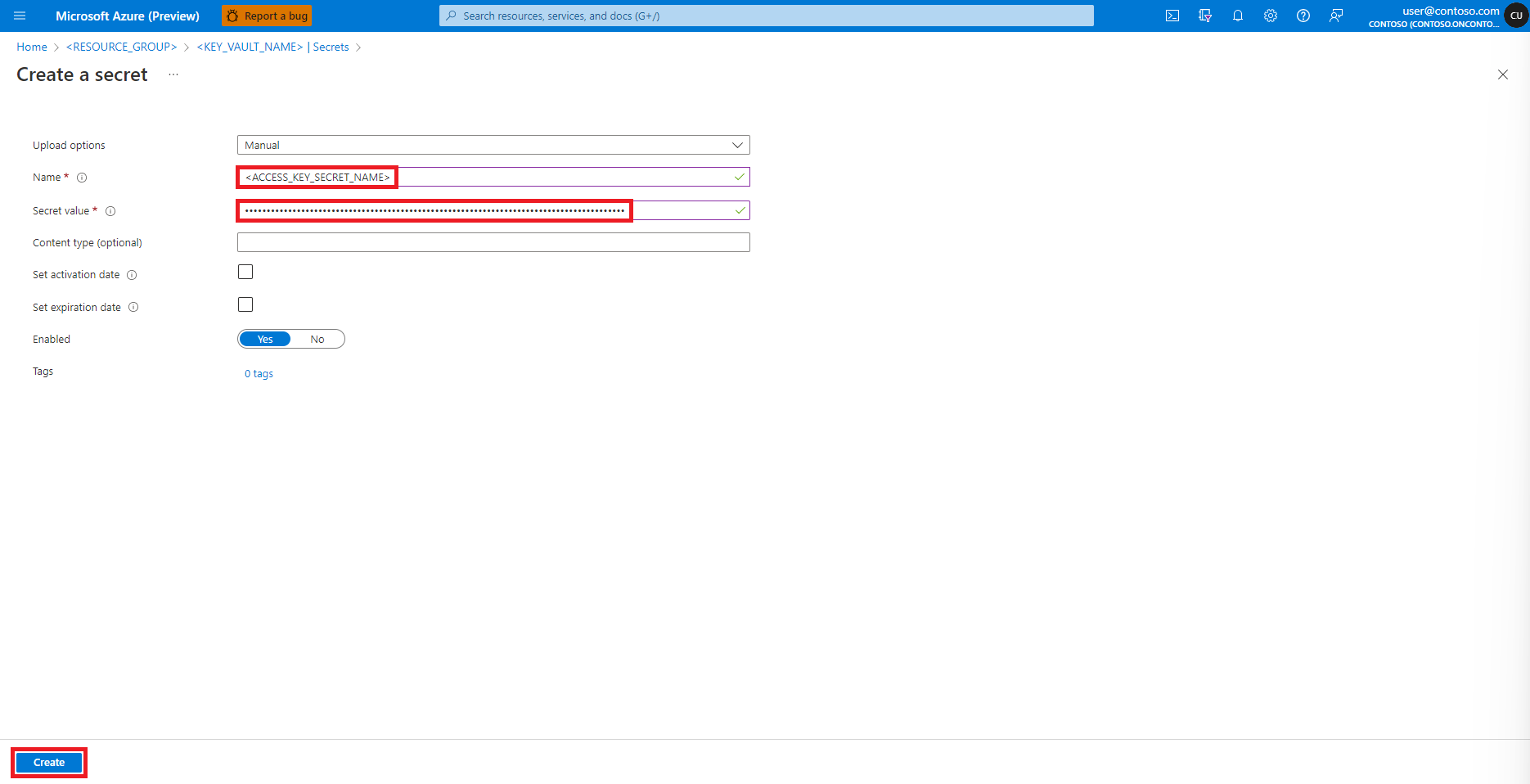 Képernyőkép az Azure titkos kulcsok létrehozására szolgáló képernyőről.