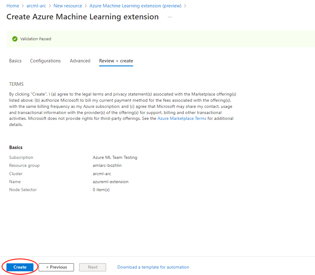 Képernyőkép az Új bővítmény az Arc-kompatibilis Kubernetes-fürtre való üzembe helyezéséről az Azure Portalról.