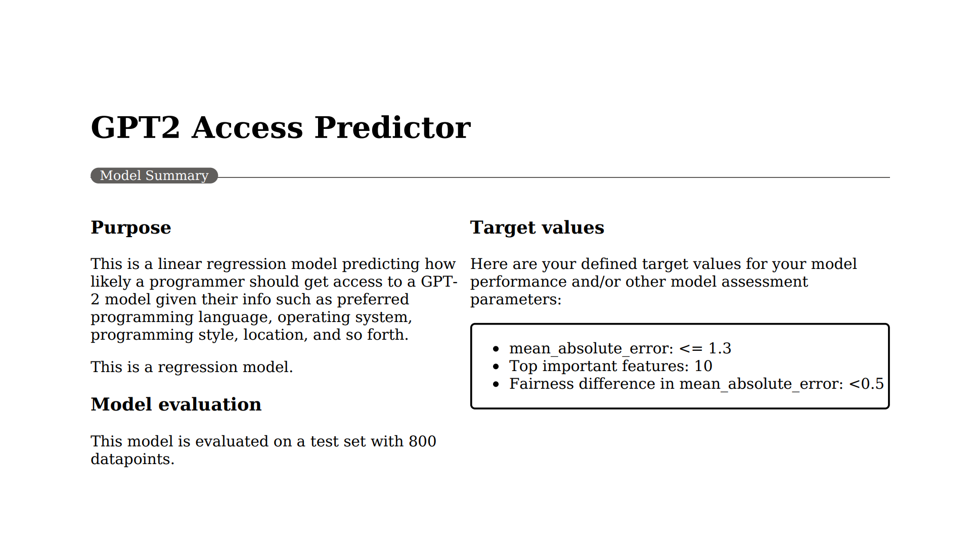 Képernyőkép a modell összefoglalásáról a Felelős AI scorecard PDF-fájljában.