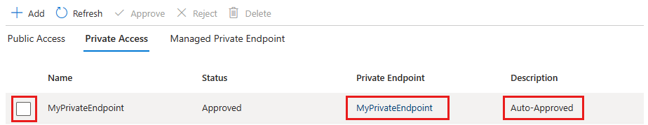 Képernyőkép az Azure Portalról, a privát végpont kezelése.