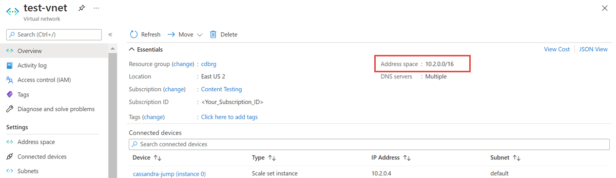 Képernyőkép a virtuális hálózat címterének lekéréséről.