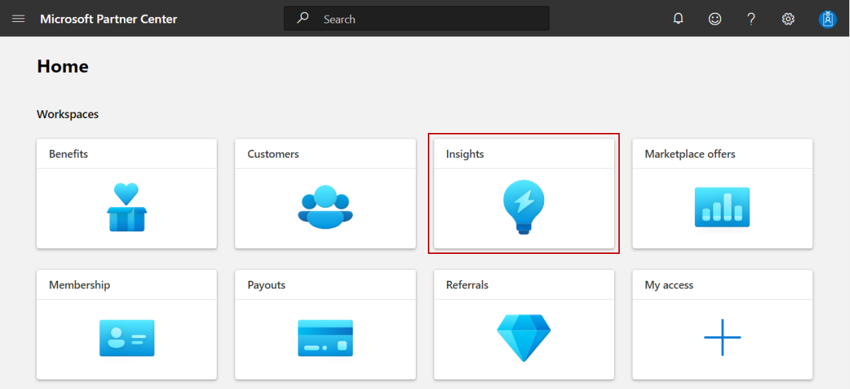 Illustrates the Insights tile on the Partner Center Home page.