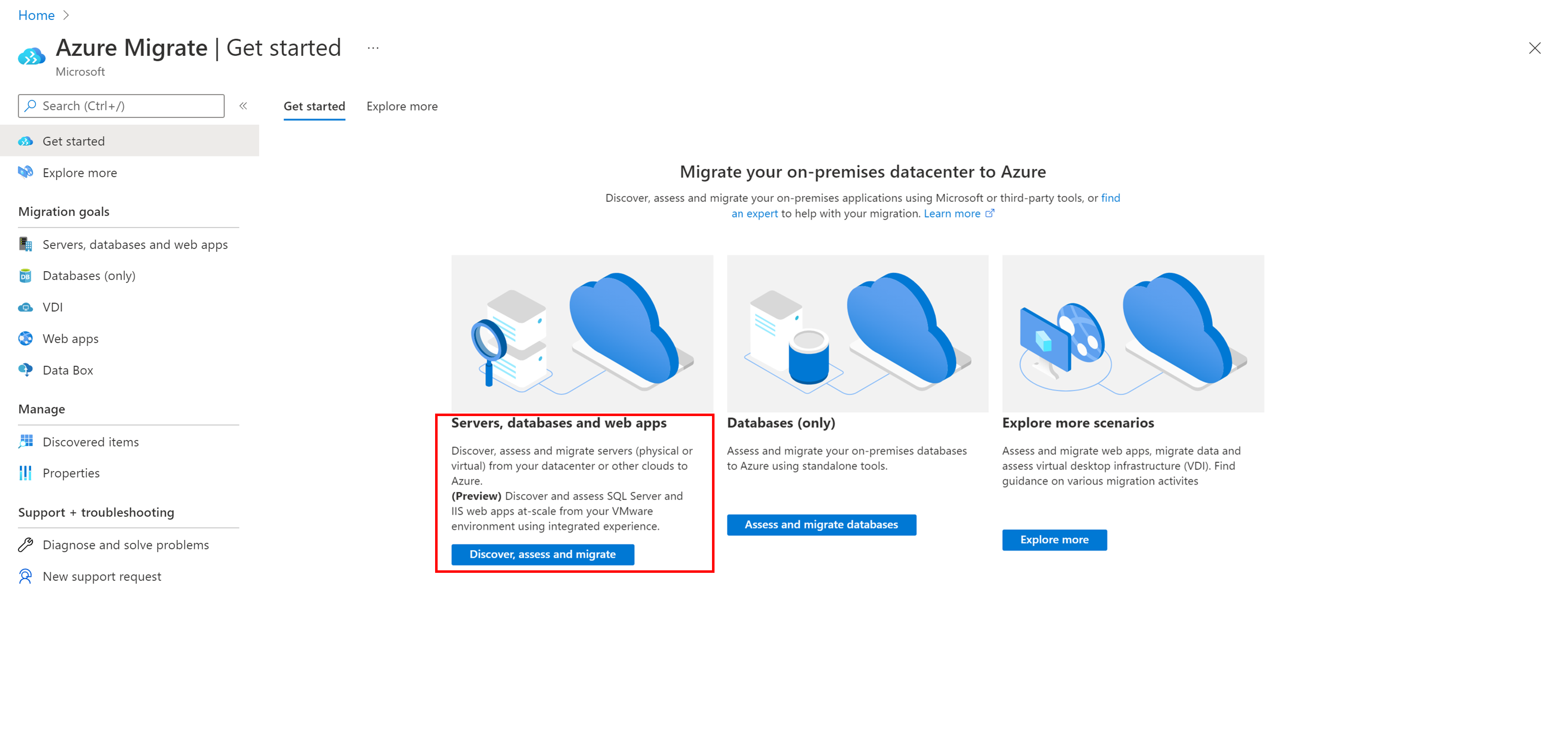 Képernyőkép az Azure Migrate áttekintési oldaláról.