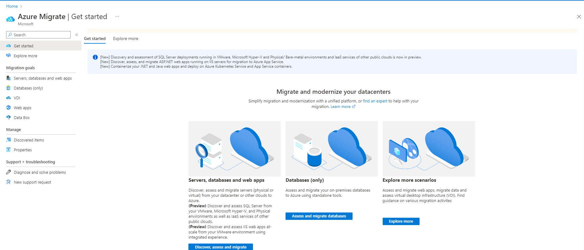 A Kiszolgálók felmérése és migrálása gomb helye.