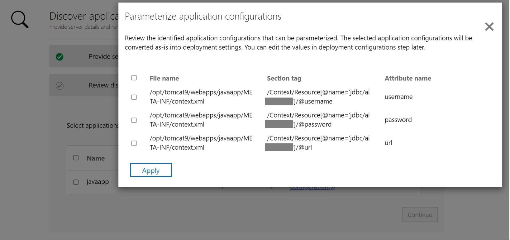 Képernyőkép az alkalmazáskonfiguráció paraméterezési Java-alkalmazásáról.