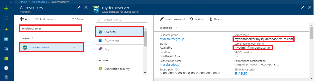 Képernyőkép a rugalmas Azure Database for MySQL-kiszolgálópéldány kapcsolati adatairól az Azure Portalon.
